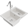 Mexen Carlos granite sink 1.5-bowl with Flora kitchen tap, white - 6518-20-670401-06