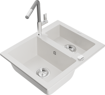 Mexen Carlos granite sink 1.5-bowl with Flora kitchen faucet, white - 6518-20-670401-06