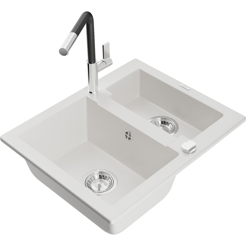 Mexen Carlos 1.5-bowl granite sink with Flora kitchen faucet, white - 6518-20-670401-07