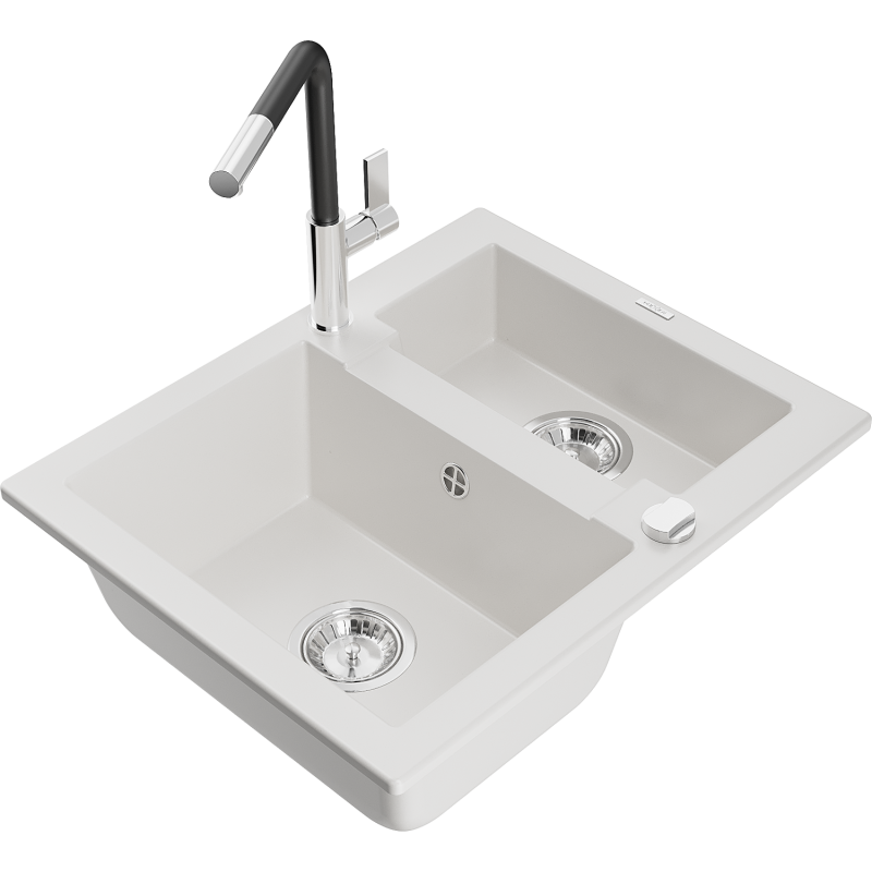Mexen Carlos 1,5-compartment granite sink with a kitchen mixer tap Flora, White - 6518-20-670401-07