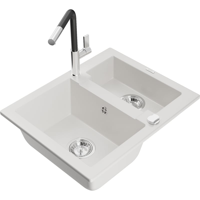 Mexen Carlos Granite Sink 1.5-Bowl with Flora Kitchen Faucet, White - 6518-20-670401-07