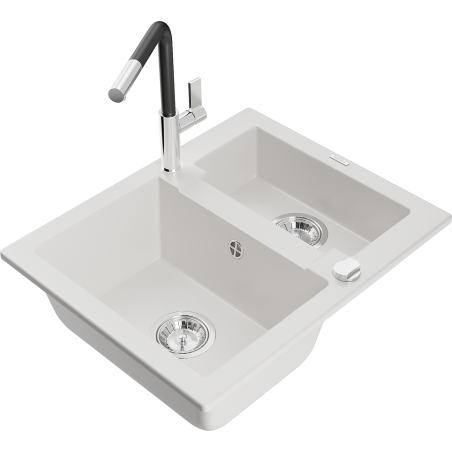 Mexen Carlos Granite Sink 1.5-Bowl with Flora Kitchen Faucet, White - 6518-20-670401-07