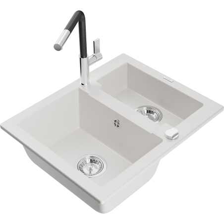 Mexen Carlos Granite Sink 1.5 Bowl with Flora Kitchen Tap, White - 6518-20-670401-07