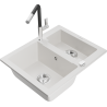 Mexen Carlos 1.5-bowl granite sink with Flora kitchen faucet, white - 6518-20-670401-07