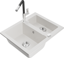 Mexen Carlos Granite Sink 1.5-Bowl with Flora Kitchen Faucet, White - 6518-20-670401-07