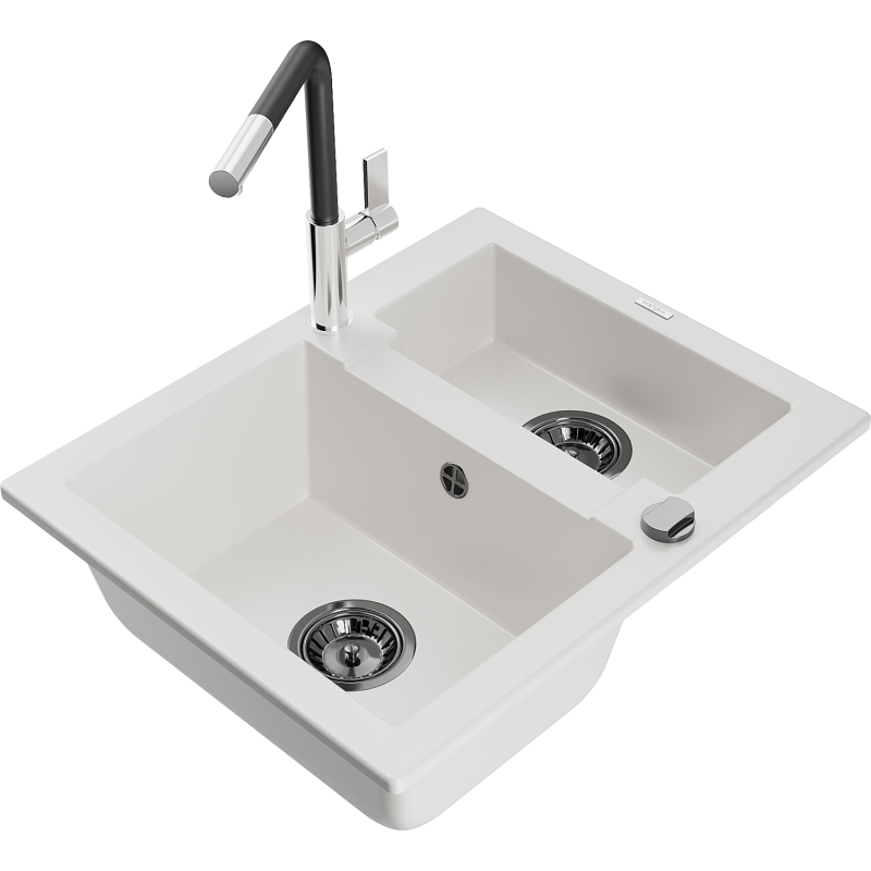 Mexen Carlos 1.5-bowl granite sink with Flora kitchen tap, white - 6518-20-670401-07-B