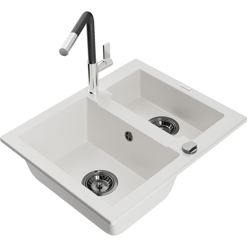 Mexen Carlos 1.5-bowl granite sink with kitchen faucet Flora, white - 6518-20-670401-07-B