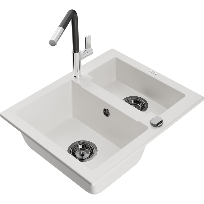 Mexen Carlos granite sink 1.5-bowl with Flora kitchen faucet, white - 6518-20-670401-07-B