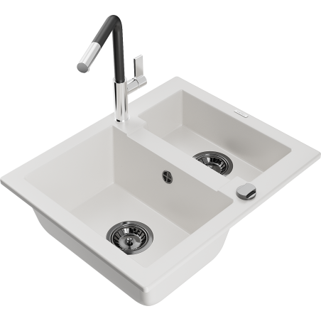 Mexen Carlos 1.5-bowl granite sink with Flora kitchen tap, white - 6518-20-670401-07-B