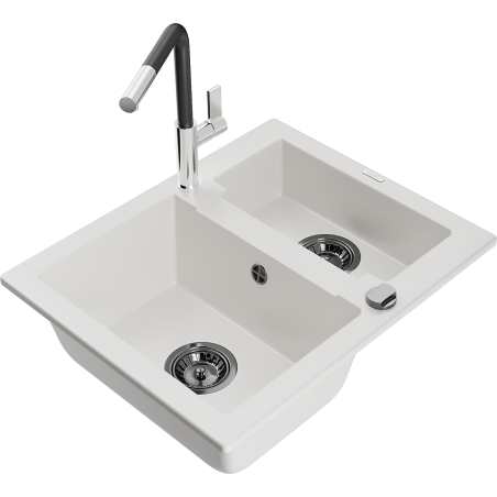 Mexen Carlos granite sink 1.5-bowl with Flora kitchen faucet, white - 6518-20-670401-07-B