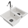 Mexen Carlos granite sink 1.5-bowl with Flora kitchen faucet, white - 6518-20-670401-07-B