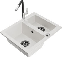 Mexen Carlos granite sink 1.5-bowl with Flora kitchen faucet, white - 6518-20-670401-07-B