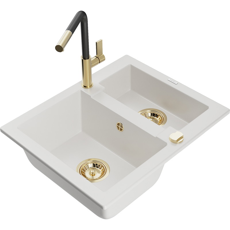 Mexen Carlos 1.5-bowl granite sink with Flora kitchen faucet, white - 6518-20-670401-57-G