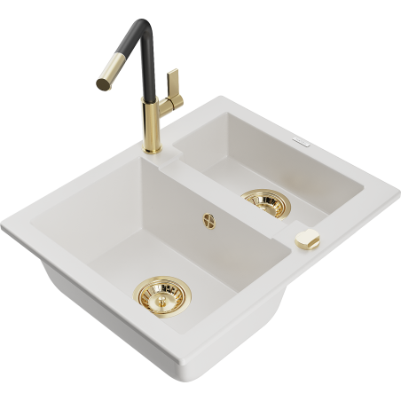 Mexen Carlos 1.5-bowl granite sink with Flora kitchen faucet, white - 6518-20-670401-57-G