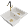 Mexen Carlos 1.5-bowl granite sink with Flora kitchen faucet, white - 6518-20-670401-57-G