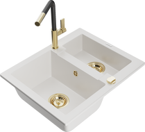Mexen Carlos 1.5-bowl granite sink with Flora kitchen faucet, white - 6518-20-670401-57-G