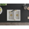 Mexen Carlos 1.5-bowl granite sink with Flora kitchen faucet, white - 6518-20-670401-57-G