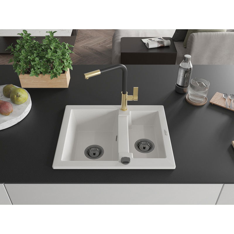 Mexen Carlos granite kitchen sink 1.5-bowl with Flora kitchen tap, white - 6518-20-670401-57-B