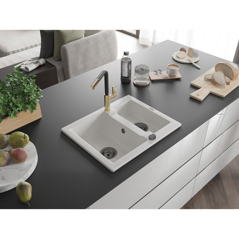 Mexen Carlos granite kitchen sink 1.5-bowl with Flora kitchen tap, white - 6518-20-670401-57-B