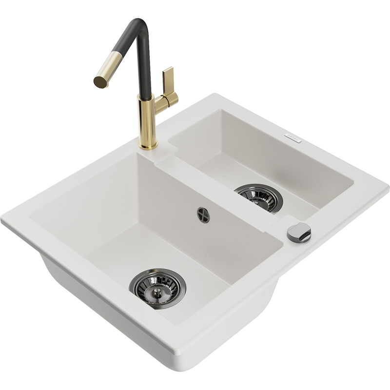 Mexen Carlos granite kitchen sink 1.5-bowl with Flora kitchen faucet, white - 6518-20-670401-57-B