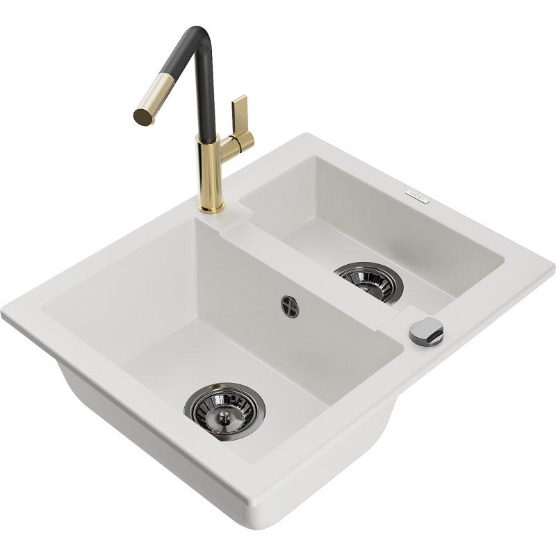 Mexen Carlos granite kitchen sink 1.5-bowl with Flora kitchen tap, white - 6518-20-670401-57-B