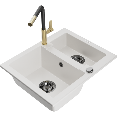 Mexen Carlos 1.5-bowl Granite Sink with Flora Kitchen Faucet, White - 6518-20-670401-57-B