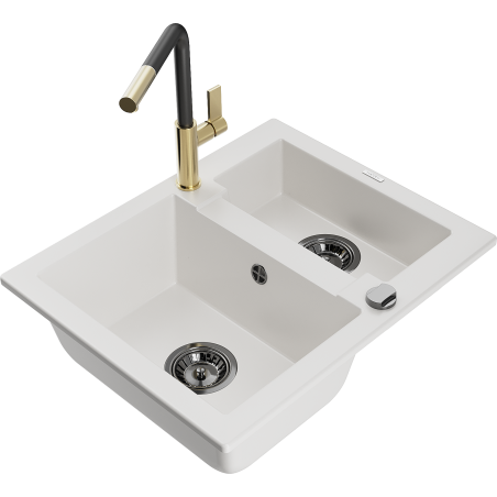 Mexen Carlos granite kitchen sink 1.5-bowl with Flora kitchen faucet, white - 6518-20-670401-57-B