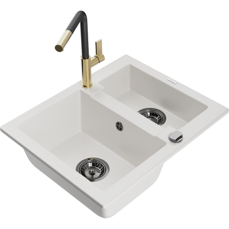 Mexen Carlos granite kitchen sink 1.5-bowl with Flora kitchen tap, white - 6518-20-670401-57-B