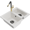 Mexen Carlos granite kitchen sink 1.5-bowl with Flora kitchen faucet, white - 6518-20-670401-57-B