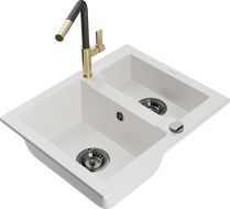 Mexen Carlos granite kitchen sink 1.5-bowl with Flora kitchen faucet, white - 6518-20-670401-57-B