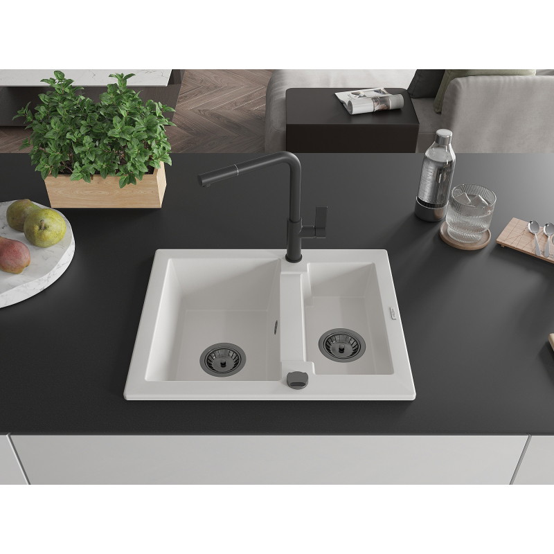 Mexen Carlos granite sink 1.5-bowl with Flora kitchen faucet, white - 6518-20-670401-70-B