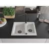 Mexen Carlos granite sink 1.5-bowl with Flora kitchen faucet, white - 6518-20-670401-70-B