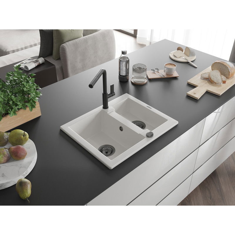 Mexen Carlos 1.5-bowl Granite Sink with Flora Kitchen Tap, White - 6518-20-670401-70-B