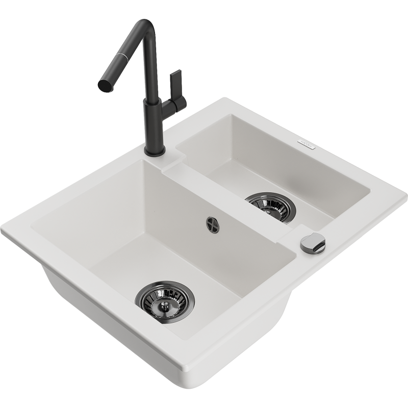 Mexen Carlos 1.5-bowl Granite Sink with Flora Kitchen Tap, White - 6518-20-670401-70-B