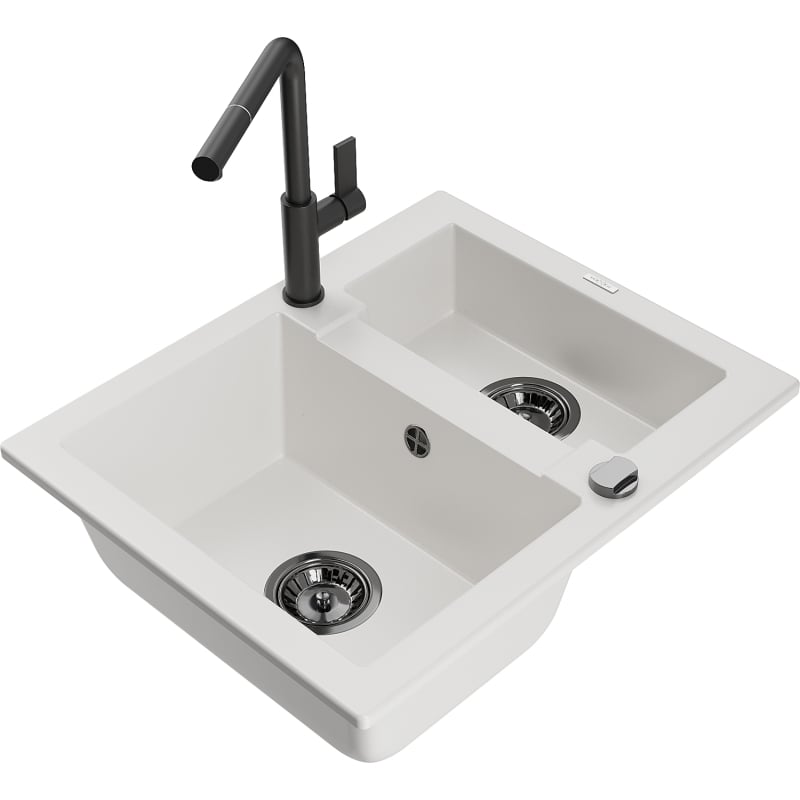 Mexen Carlos granite sink 1.5-bowl with Flora kitchen faucet, white - 6518-20-670401-70-B