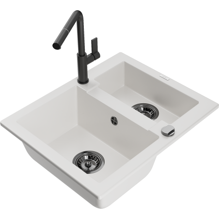 Mexen Carlos 1.5-bowl Granite Sink with Flora Kitchen Tap, White - 6518-20-670401-70-B