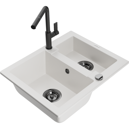 Mexen Carlos granite sink 1.5-bowl with Flora kitchen faucet, white - 6518-20-670401-70-B