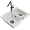 Mexen Carlos granite sink 1.5-bowl with Flora kitchen faucet, white - 6518-20-670401-70-B