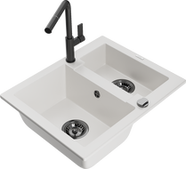 Mexen Carlos granite sink 1.5-bowl with Flora kitchen faucet, white - 6518-20-670401-70-B