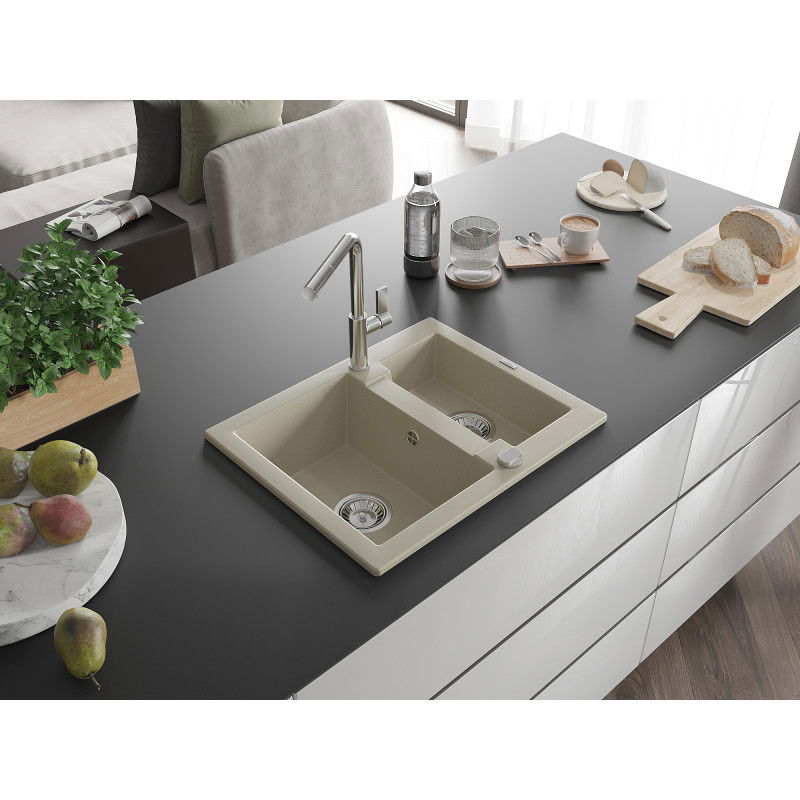 Mexen Carlos granite sink 1.5-bowl with Flora kitchen tap, beige - 6518-69-670401-00