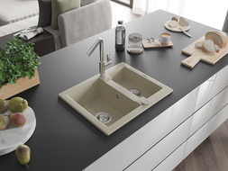 Mexen Carlos granite sink 1.5-bowl with Flora kitchen tap, beige - 6518-69-670401-00