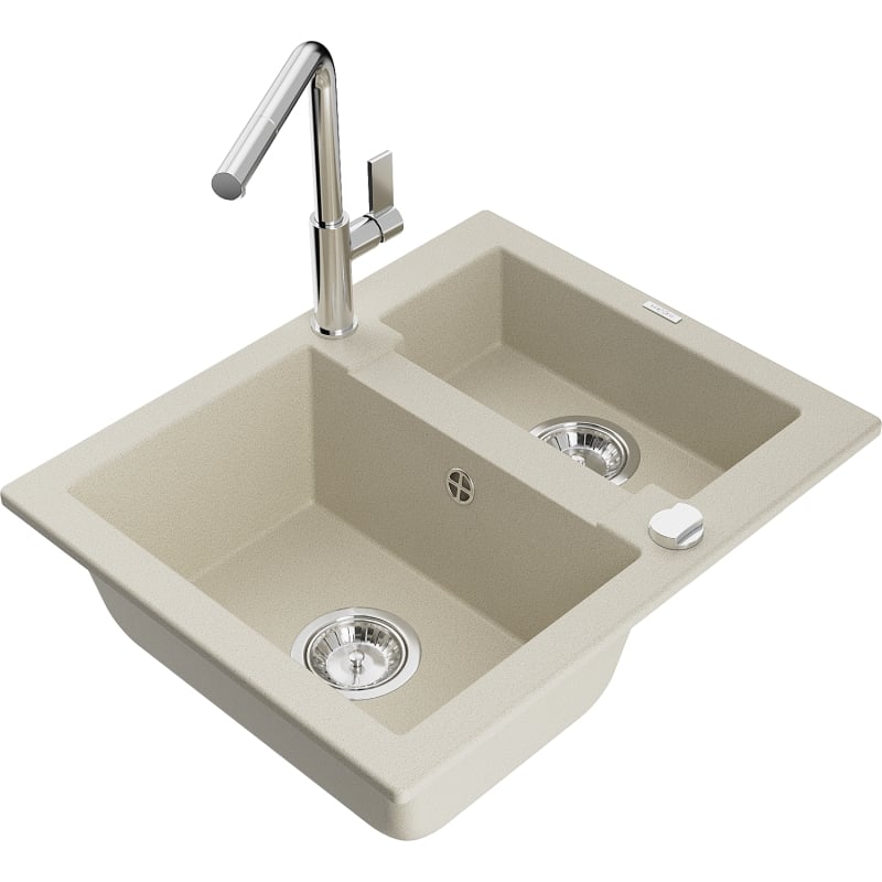 Mexen Carlos granite sink 1.5-bowl with Flora kitchen faucet, beige - 6518-69-670401-00