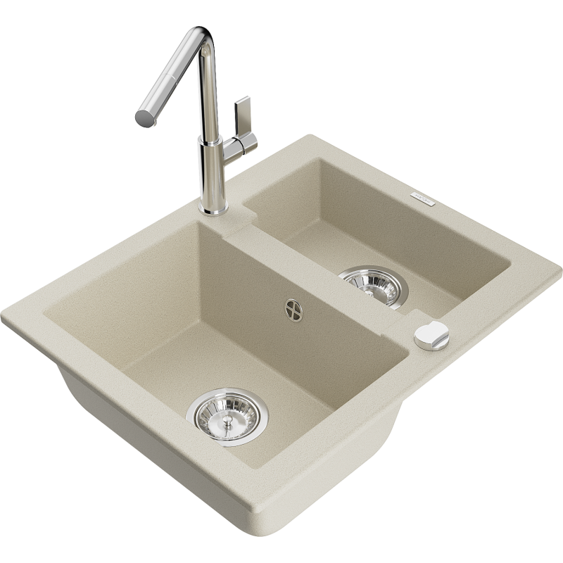 Mexen Carlos granite sink 1.5-bowl with Flora kitchen tap, beige - 6518-69-670401-00