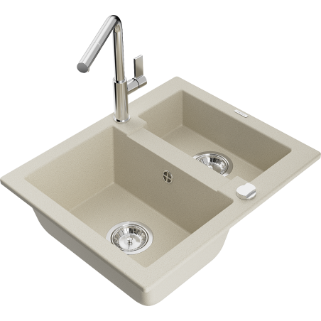 Mexen Carlos 1.5-bowl granite sink with Flora kitchen faucet, beige - 6518-69-670401-00