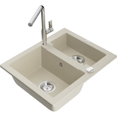 Mexen Carlos granite sink 1.5-bowl with Flora kitchen tap, beige - 6518-69-670401-00