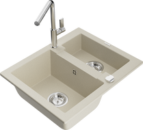 Mexen Carlos granite sink 1.5-bowl with Flora kitchen faucet, beige - 6518-69-670401-00