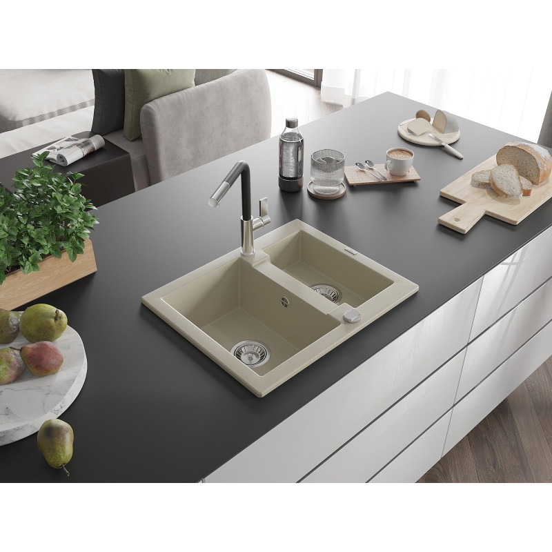 Mexen Carlos 1.5-bowl granite sink with Flora kitchen faucet, beige - 6518-69-670401-07