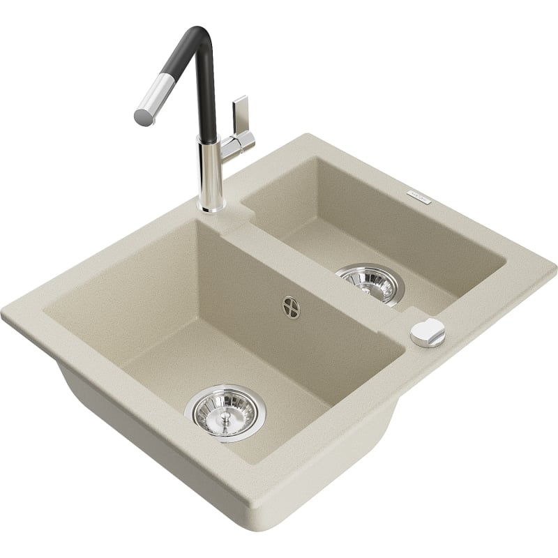 Mexen Carlos 1.5-bowl granite sink with Flora kitchen faucet, beige - 6518-69-670401-07