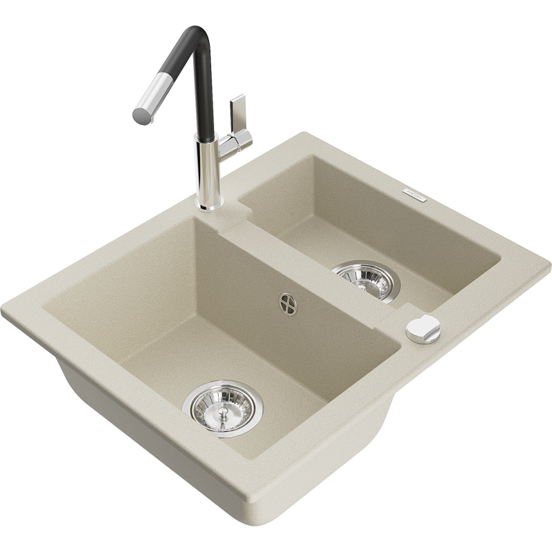 Mexen Carlos 1,5-compartment granite sink with a kitchen mixer tap Flora, Beige - 6518-69-670401-07