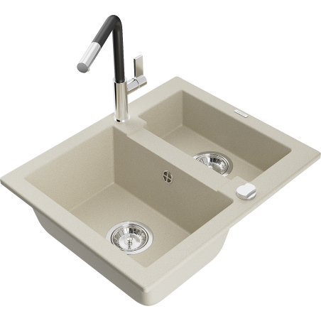 Mexen Carlos 1.5-bowl granite sink with Flora kitchen faucet, beige - 6518-69-670401-07